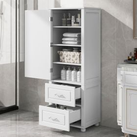 Tall Bathroom Storage Cabinet, Freestanding Storage Cabinet with Two Drawers and Adjustable Shelf, MDF Board with Painted Finish