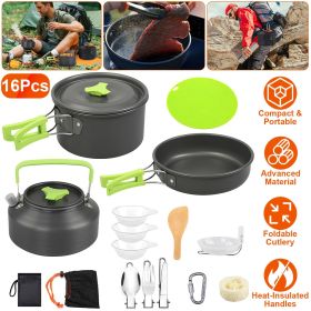 Camping Cooking Ware Set of 16Pcs Camping Stove Cookware Kit Aluminum Kettle with Bowls Knife Fork Spoon Carabiner Spatula Cutting Board for Hiki